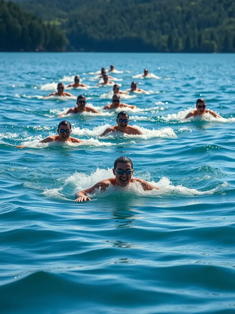 A dynamic shot of triathletes competing in a swim race during a triathlon event in Millau, France, showcasing the energy and competition.
