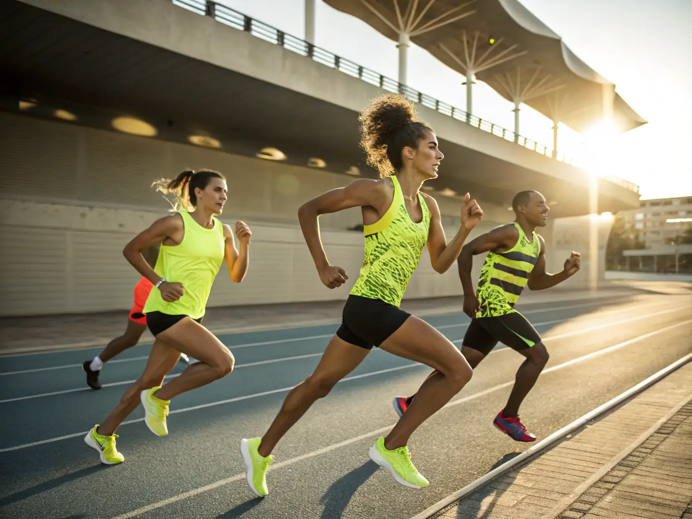 Triathletes running on a track, focusing on speed and endurance, during a MILLAU TRIATHLON running training session.