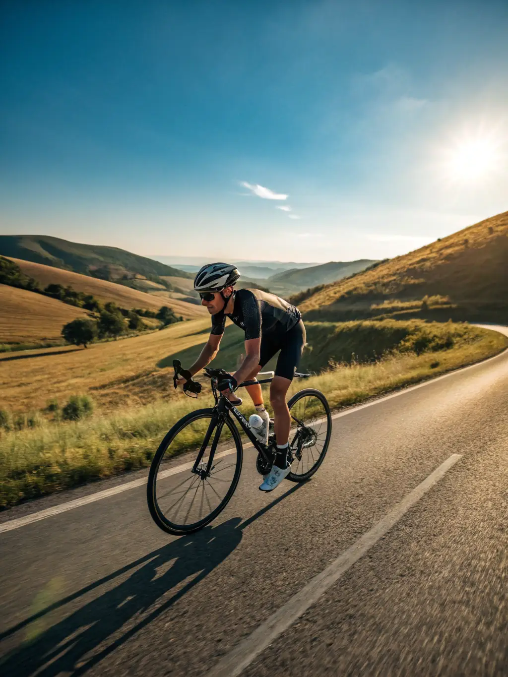 A cyclist speeding through the scenic roads of Millau during a triathlon event, capturing the beauty of the landscape and the intensity of the race.