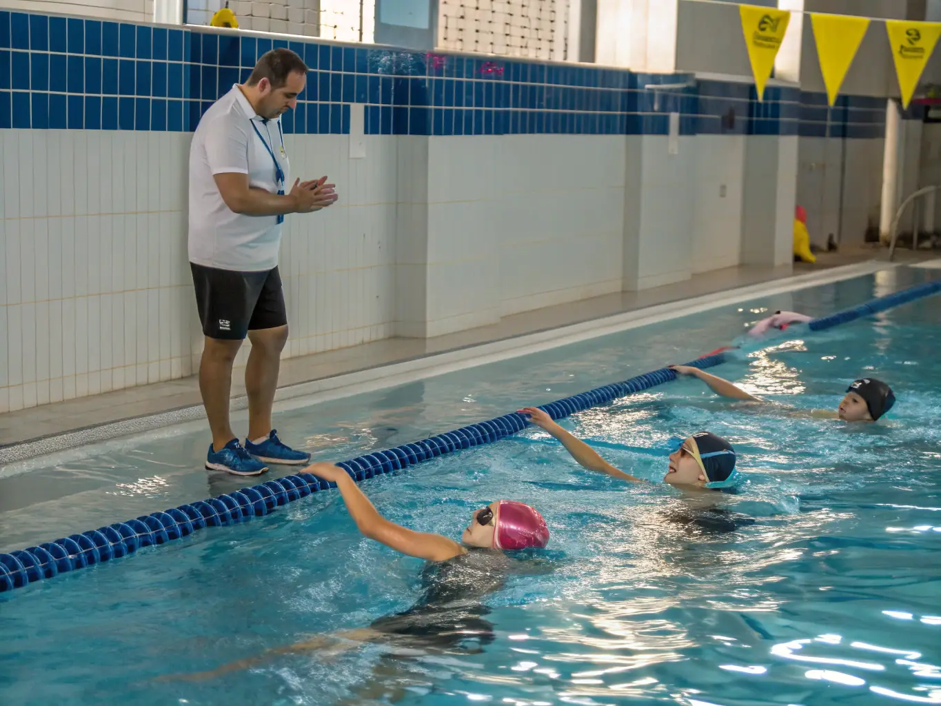 A group of triathletes participating in a swimming training session in a clear blue pool, focusing on stroke technique and endurance, under the guidance of a coach.