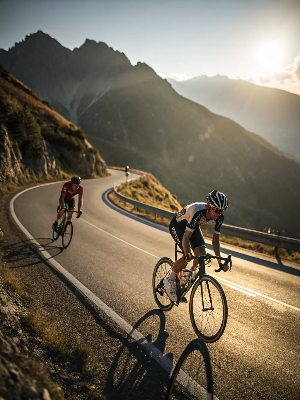 A dynamic shot of cyclists riding uphill through a scenic landscape, emphasizing the cycling training program provided by Millau Triathlon.