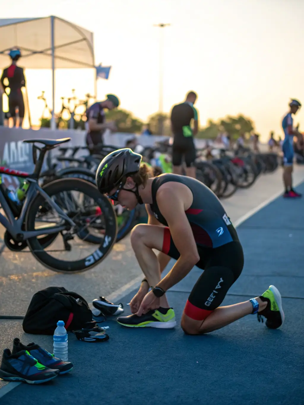 A photo of a triathlon transition area, showing athletes efficiently switching between swimming, cycling, and running, highlighting the importance of transition training at Millau Triathlon.