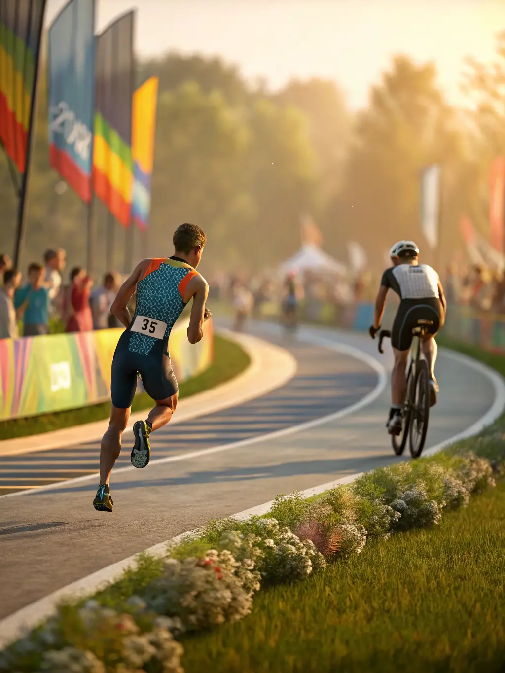 Triathletes transitioning from cycling to running during a triathlon event, highlighting the seamless transition and the multi-disciplinary nature of the sport.